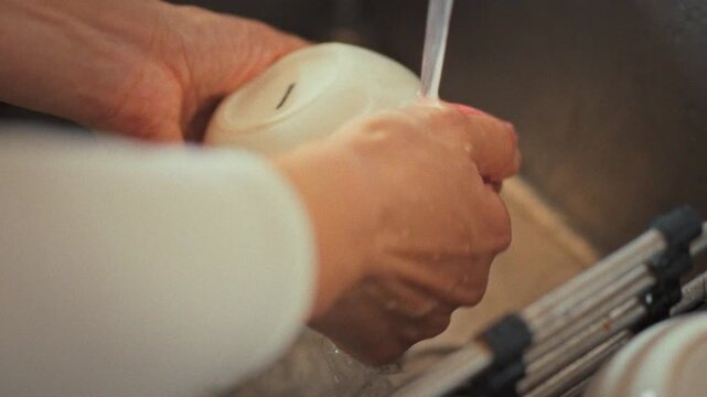 Housewife's hands meticulously wash white cups under warm running water, exemplifying a dedication to cleaning and domestic chores, ensuring sparkling cleanliness in her bright kitchen every evening