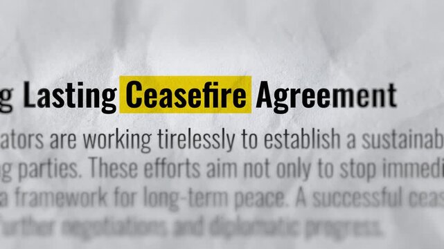 Ceasefire Highlighted Text Typography on White Background. Diplomatic Talks, War De-Escalation, Peace Agreement, Conflict Resolution, Global Stability and International Relations. 4K Video Animation