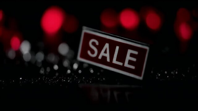 Retail promotion campaign advertisement. A closeup shot of a red and white SALE sign on a reflective surface. The sign is clearly visible against a blurred background of red lights.