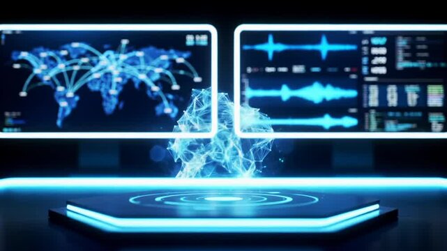 A sleek, futuristic digital interface with two glowing screens displaying global data and analytical charts, featuring an abstract blue holographic 3D model materializing and rotating in a minimalist