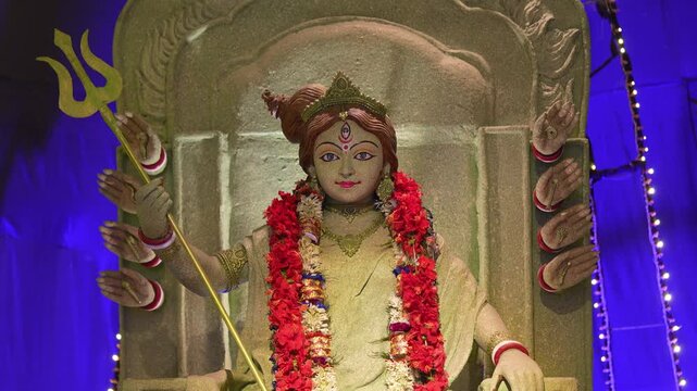 Durga idol depicted as a queen in India, showing royal appearance