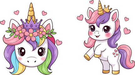 Fototapeta premium Cute Unicorn Characters with Rainbow Mane and Floral Crown for Kids' Designs, Fantasy Art, and Magical Illustrations