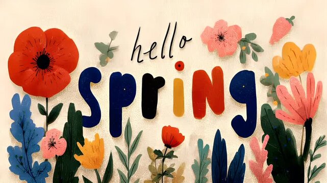 Spring season, garden park, flower, fresh, life. A vibrant illustration features the words hello spring in bold, cursive font. The background is a soft beige.