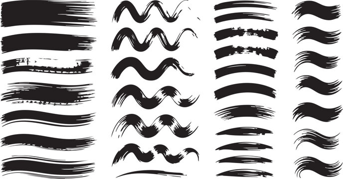 Grunge black ink brush strokes collection, hand drawn paint texture set, artistic wavy charcoal lines and smear vector elements for graphic design