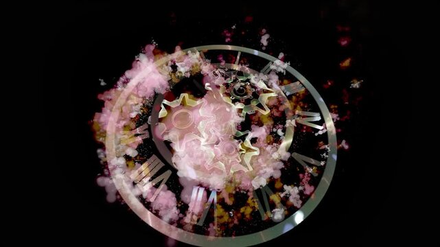 A surreal cosmic clock with rotating gears floats within a glowing galaxy, symbolizing the infinite flow of time, universal motion, and the connection between mechanics and the cosmos.
