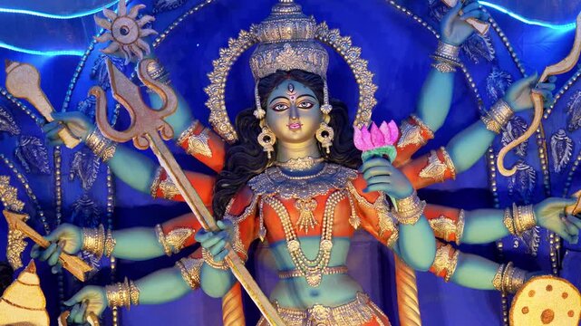 Beautiful Durga statue during Durga Puja in Kolkata India, richly decorated idol with vibrant colors