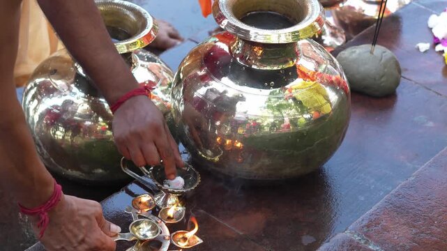 Devotees performing Mahalaya tarpan near Howrah in Kolkata India, offering prayers