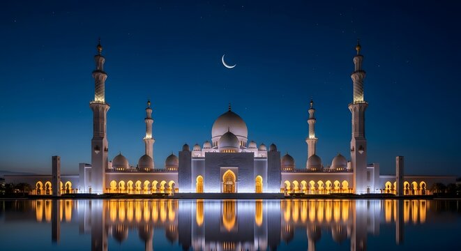 Spectacular night view of the sheikh zayed grand mosque in abu dhabi