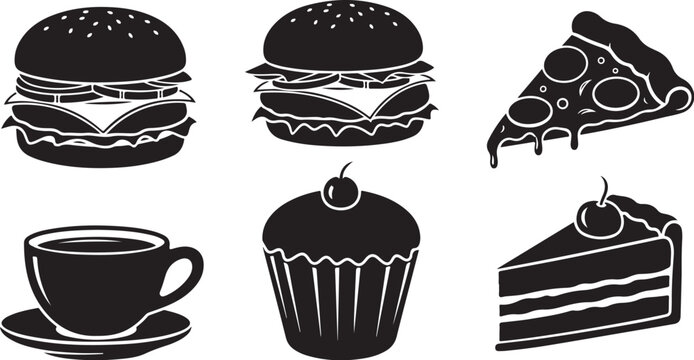 Food icons set with burger, pizza, cake and coffee