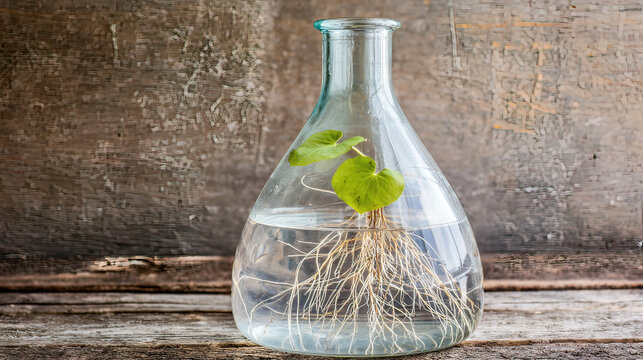 carboy. Clear glass carboy with floating green plant and visible roots on rustic wooden surface. gardening catalogs, home-decor guides, designed for home decor and floral branding.
