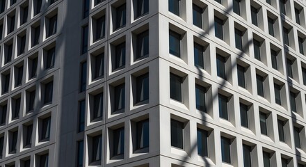 Fototapeta premium Exterior architecture of modern white square grid building with dark windows in daylight with copy space
