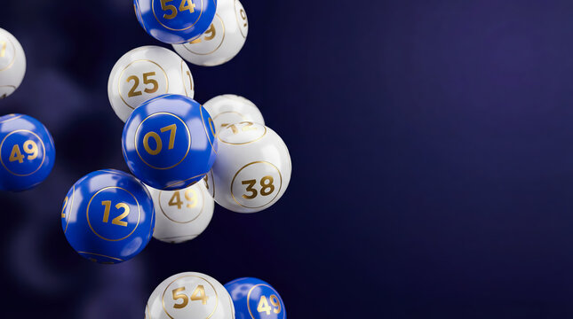 lottery balls blue white numbers jackpot draw casino lucky spheres closeup cluster of glossy numbered orbs with vivid copy space for winning campaign design and premium raffle branding