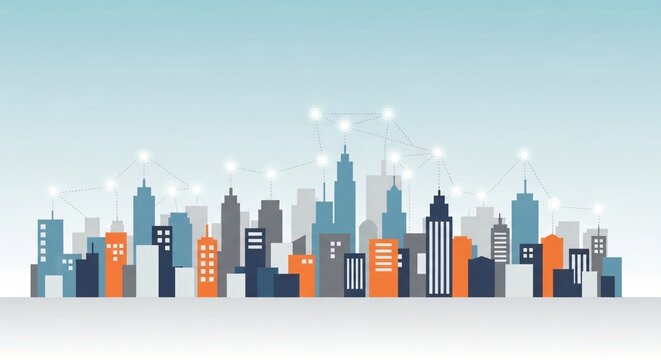 Minimalist abstract city view with geometric buildings and soft gradient backdrop, clean composition for professional use.