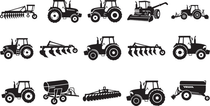 Tractors and farming equipment in black silhouette vector icons