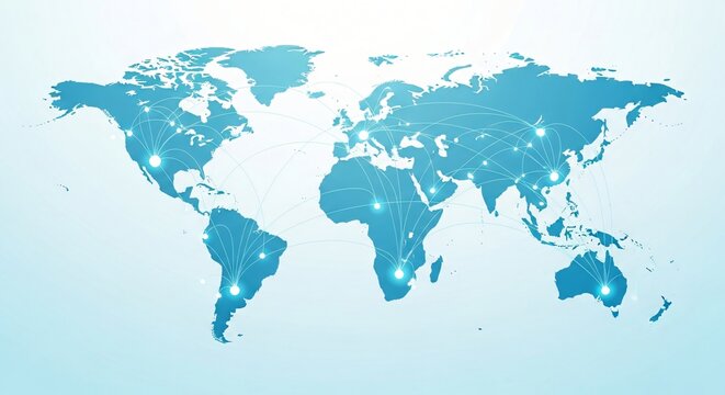Minimalist global network map showing connectivity and communication across continents, clean layout for presentations.
