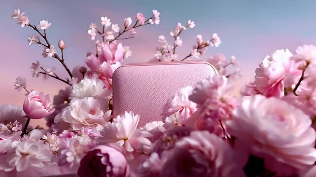 Spring season, garden park, flower, fresh, life. A vivid, closeup shot of a pink, textured cosmetic bag with a gold zipper rests among a bed of delicate pink and white flowers.