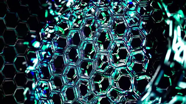 Abstract close-up of interconnected hexagonal structures with a reflective surface, showcasing intricate patterns and vibrant colors in a dark background setting