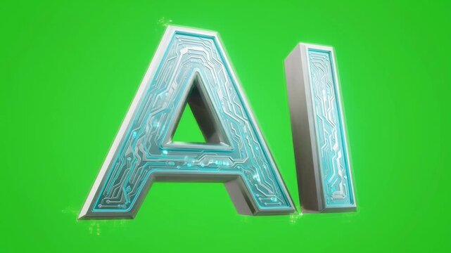 4K animation futuristic 3D AI design glowing circuitry patterns isolated against green screen background for AI visuals, tech branding, motion graphics, futuristic intros, and advanced VFX composition
