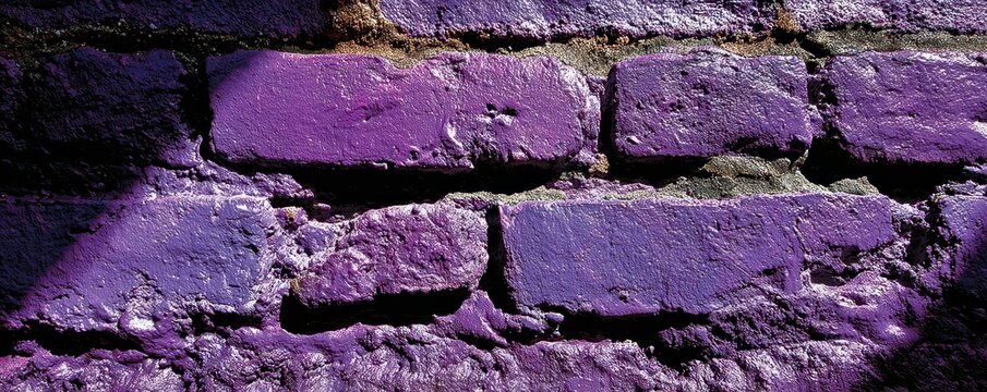 Close up of  rough brick wall painted in  vibrant shade of bright purple color
