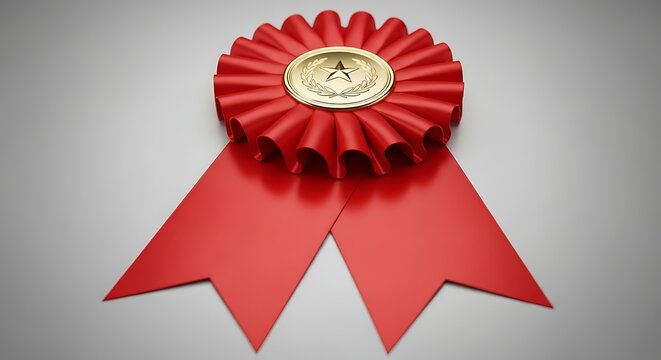 A 3d Rendering Of A Red Rosette With A Gold Medal In The Center