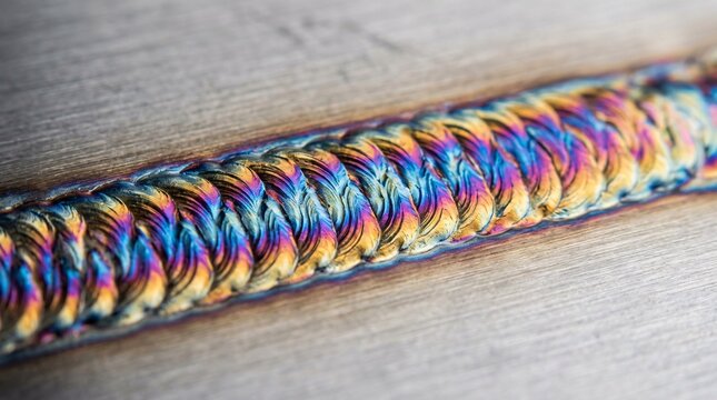 Extreme macro photography of flawless iridescent TIG welding seam on brushed stainless steel showcasing overlapping metallic color ripples.