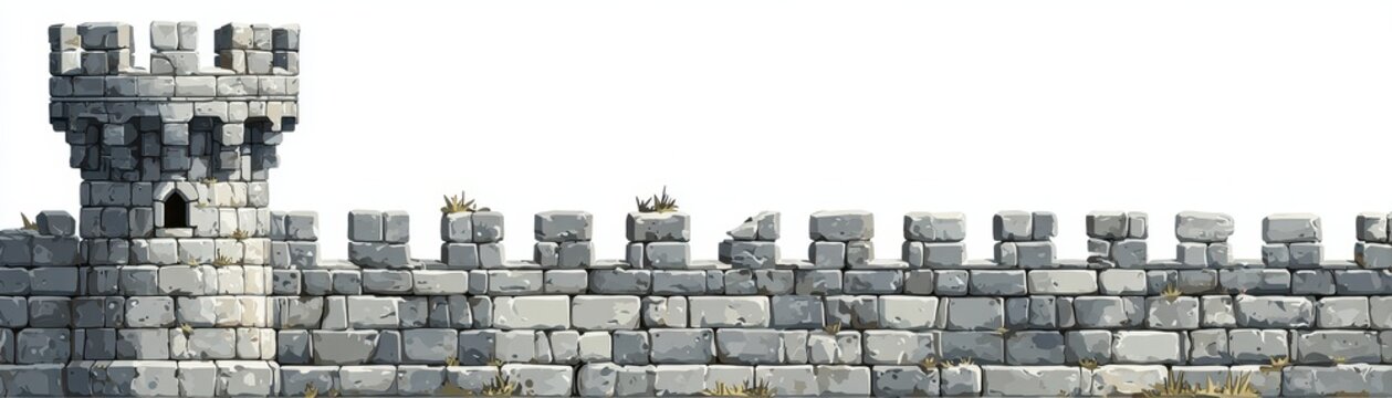 Medieval castle stone wall with  defensive tower and crenelated parapets made of gray masonry blocks