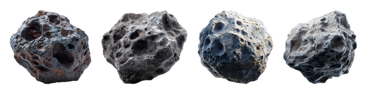 Set of realistic asteroid and meteorite space rock elements for cosmic design projects PNG set isolated on transparent background