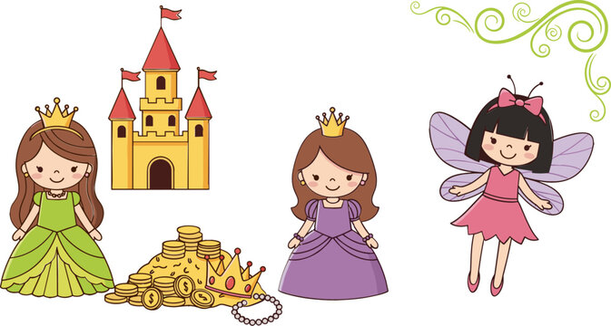 Princesses, Castle, Treasure, and Fairy with Magical Elements for Fantasy Art, Kids&rsquo; Illustrations, and Fairy Tale Designs