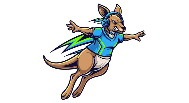 Energetic Kangaroo Mascot with Headphones and Cape Flying, Sports Theme