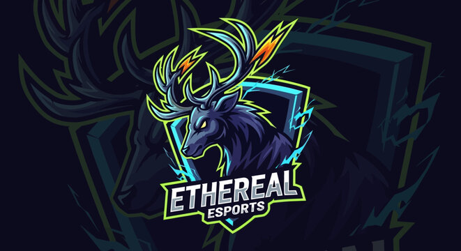 Esports Logo with Stag Head and Neon Electric Accents