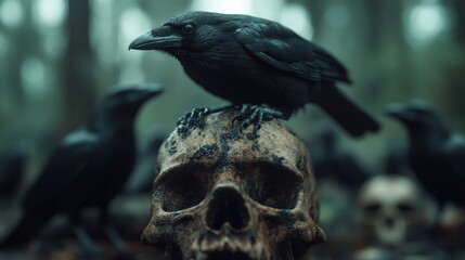 Obraz premium A haunting scene of black ravens resting atop skulls set in a misty, dark forest, conveying themes of mortality, nature's mystery, and the supernatural.