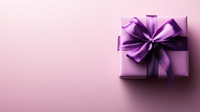 This image showcases a beautifully wrapped purple gift box tied with a satin ribbon on a soft pink background, evoking feelings of joy and anticipation for special occasions.
