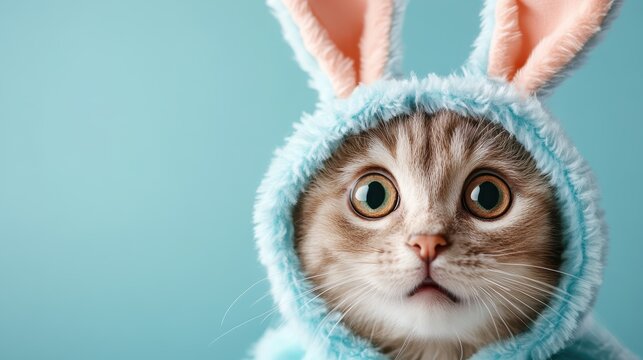 A cute cat wearing a fluffy bunny costume looks curiously at the camera, capturing hearts with its innocent expression and the playful blend of feline and holiday imagery.