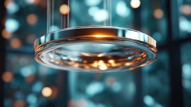 A stunning close-up of a modern, circular hanging light fixture that creates an elegant ambiance in a beautifully designed interior space with soft bokeh background.
