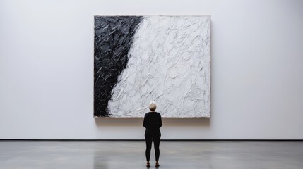 Fototapeta premium A solo figure stands enraptured by a bold black and white painting, representing the profound impact of artistic expression and the emotional resonance of contrasting colors.