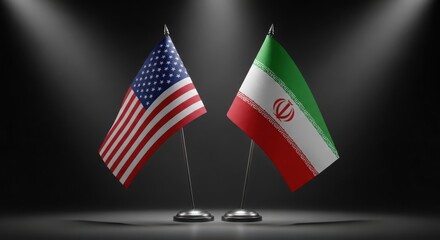 Fototapeta premium US and Iran flags on stage with spotlight