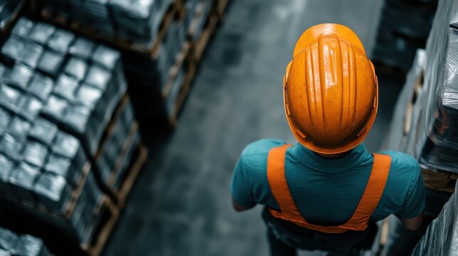 An overhead view of a worker wearing an orange safety helmet in a warehouse, emphasizing safety practices and diligence within an organized industrial environment.