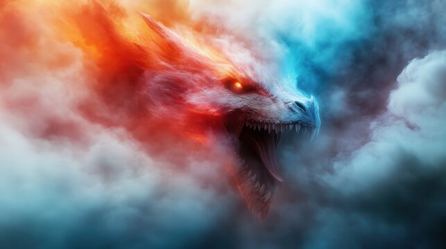 A mesmerizing dragon's head emerges from swirling clouds, blending fiery orange and icy blue hues, creating a captivating dichotomy of elements in a fantasy landscape.