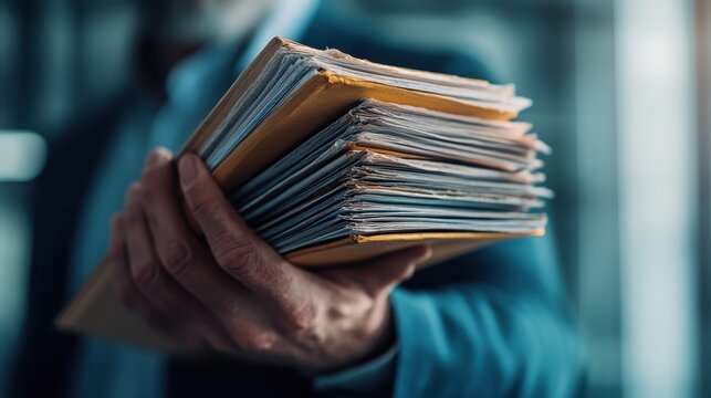 A focused businessman holds a thick stack of important documents in a modern setting, symbolizing responsibilities, professionalism, and the demands of corporate life.