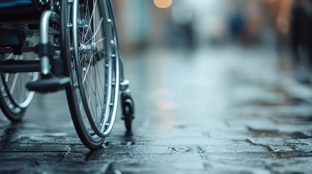 A close-up shot of a wheelchair's wheel on wet pavement, capturing resilience and mobility, invoking contemplation on accessibility and the human spirit amidst adverse conditions.