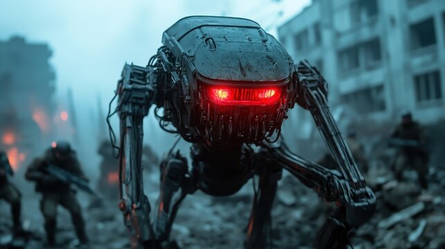 A menacing futuristic robot with glowing red eyes stands amidst urban ruins, highlighting themes of technology, dystopia, and the intersection of humanity and machinery in a chaotic world.