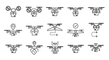 Collection of drone delivery icons showcasing modern technology and logistics. © KOH
