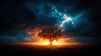 Obraz premium A lone tree stands tall in a striking landscape, dramatically illuminated by orange light and surrounded by dark storm clouds, representing resilience and beauty against nature's chaos.