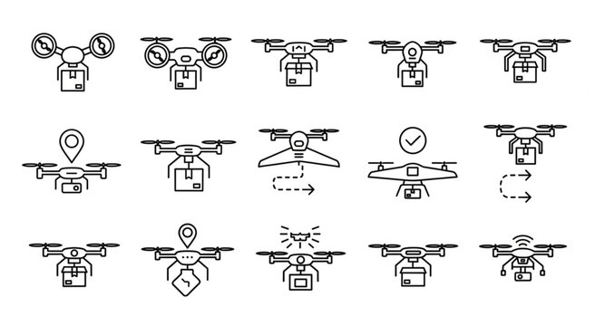 Collection of drone delivery icons showcasing modern technology and logistics.