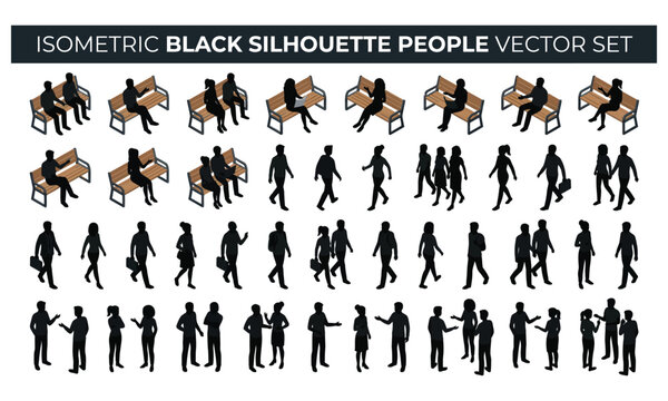 Isometric Black Silhouette People Vector Set: Men and Women Sitting on Benches, Walking, and Talking