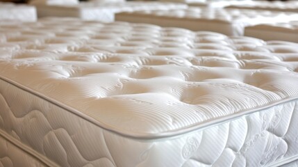 Fototapeta premium A detailed close-up of a plush, white mattress showcases its texture and comfort, inviting feelings of rest and relaxation as the essential element of a serene sleeping environment.