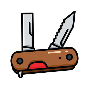 Brown pocket knife with two blades and red button on handle icon