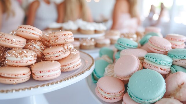 A stunning assortment of colorful macarons on a tiered stand, perfect for any special occasion, showcasing intricate designs and delightful flavors that tempt the taste buds.