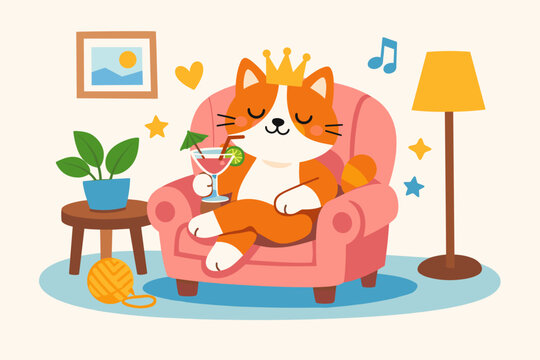 Cute Orange Cat Wearing a Crown Relaxing in a Pink Armchair with a Cocktail, Naive Flat Vector Illustration of a Pampered Royal Pet Enjoying a Drink in a Cozy Living Room Setting.