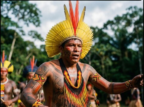 Brazilian indigenous man in traditional dance, with cultural adornments and detailed body paint. Image captured in motion, focusing on expression, texture, and cultural authenticity.